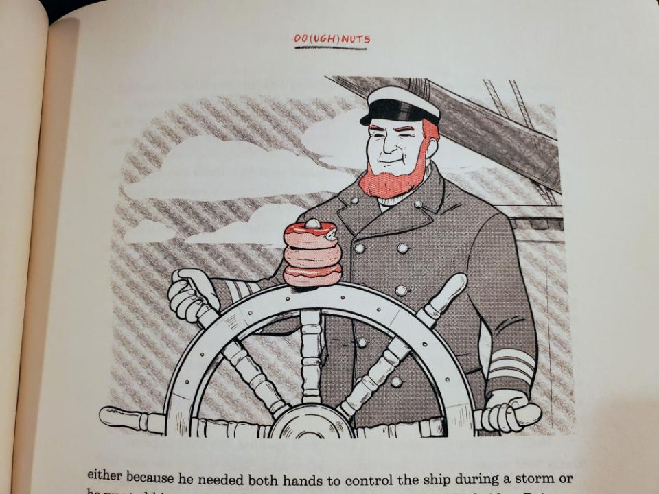 Drawing of a sailor eating doughnuts, Stuff You Should Know, by Josh Clark and Chuck Bryant