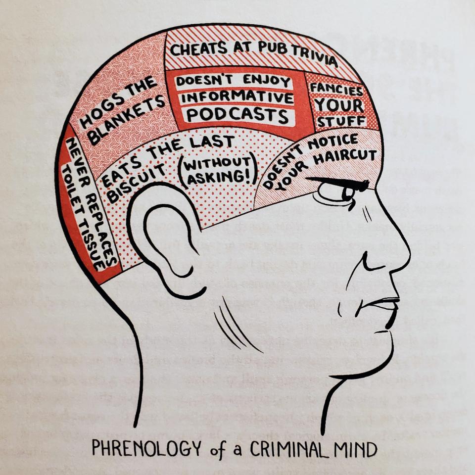 Illustration: phrenology of a criminal mind, Stuff You Should Know, by Josh Clark and Chuck Bryant