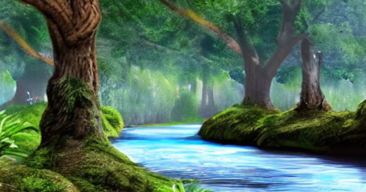 A beautiful forest scene with a river flowing between trees