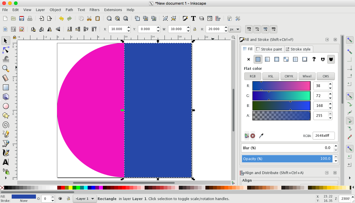 A blue rectangle placed on top of a pink circle, drawn digitally with Inkscape software