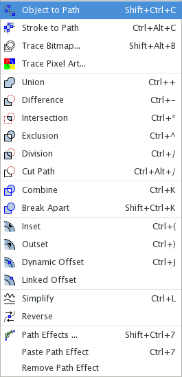 Inkscape context menu with Object to Path selected