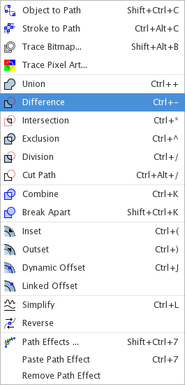 Inkscape context menu with Difference selected