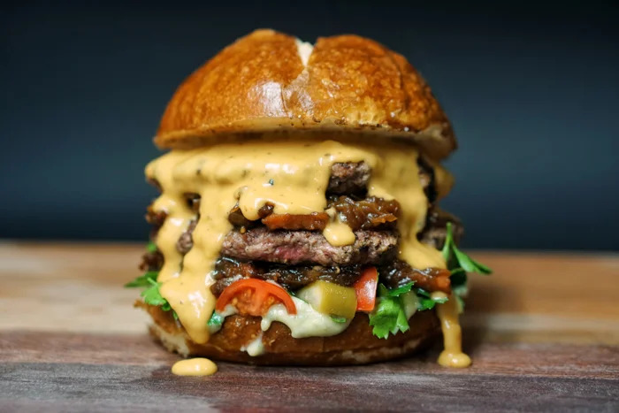 Low angle photograph of a cheeseburger