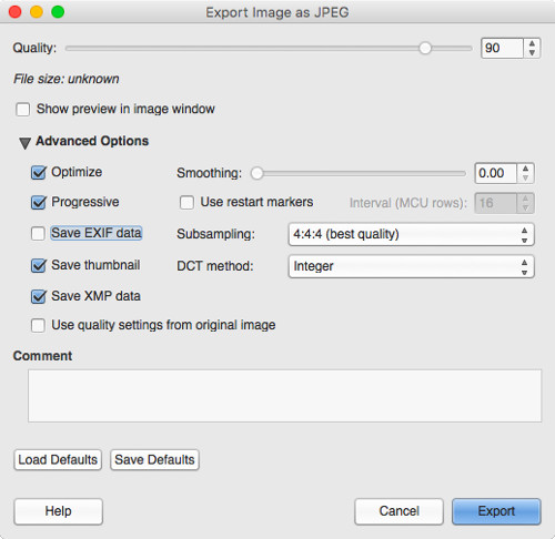 How to save an image without EXIF data in GIMP