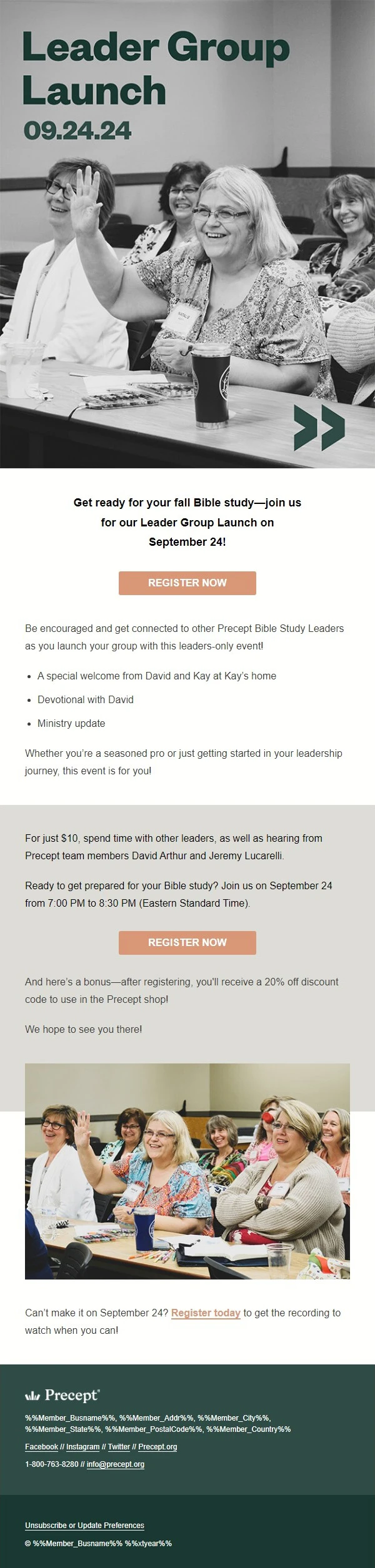 A screenshot of a responsive email for Precept Bible study leaders