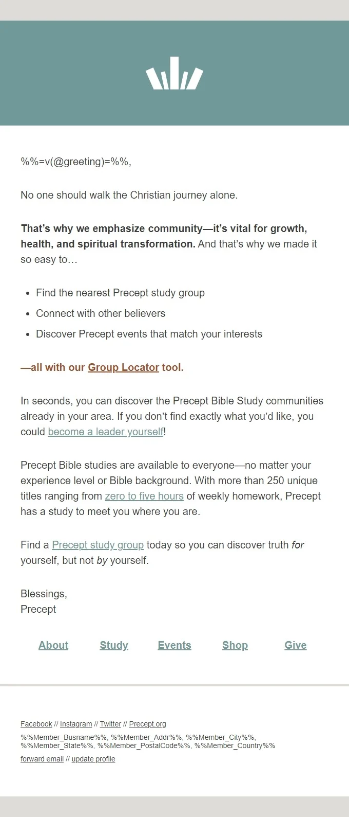 A screenshot of a welcome email for Precept